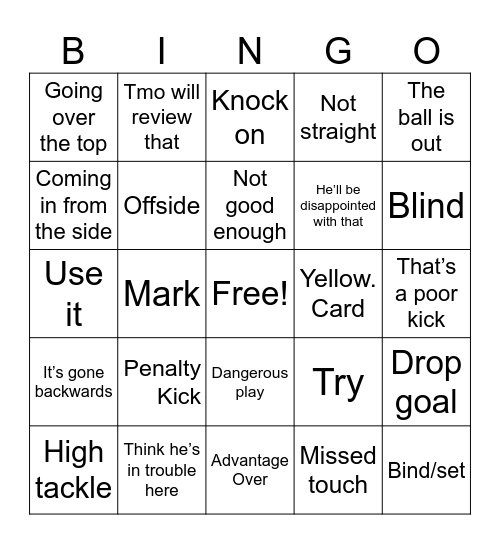 Rugby Commentary Bingo Card