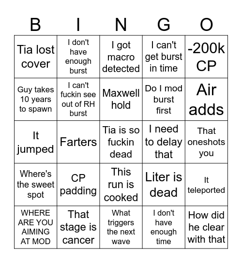 Hard Mode Bingo Card
