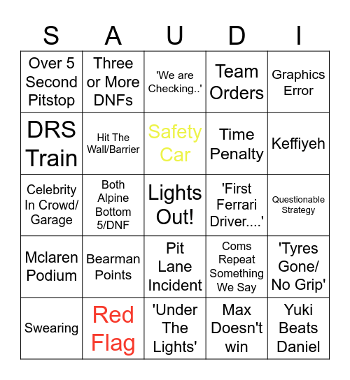 Saudi F1 9/3/24 Bingo Card