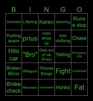 Road Rage Bingo Card