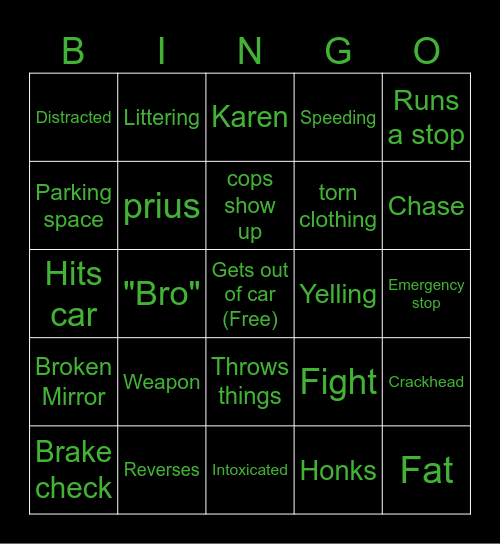 Road Rage Bingo Card