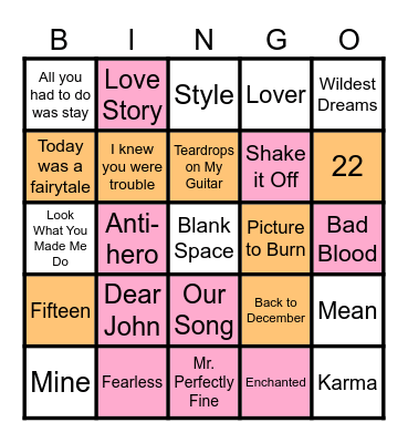 Taylor Swift Bingo Card