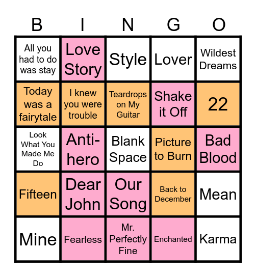 Taylor Swift Bingo Card