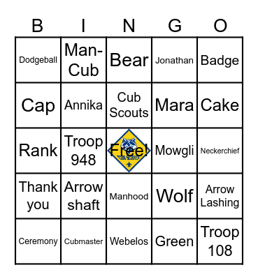 Pack 948- Bridging Ceremony - March 2024 Bingo Card
