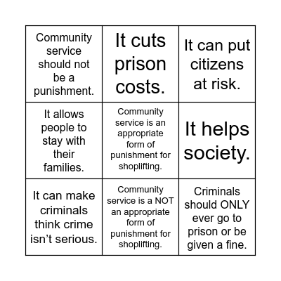 Community service as a form of punishment Bingo Card