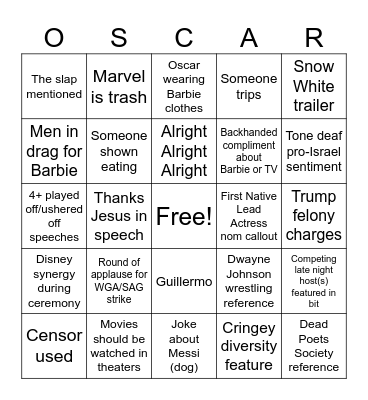 Oscars 2024 Bingo Card