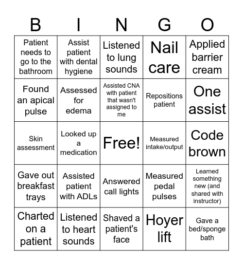 Clinical Day Bingo Card