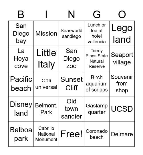 Souvenir/photo bingo Card
