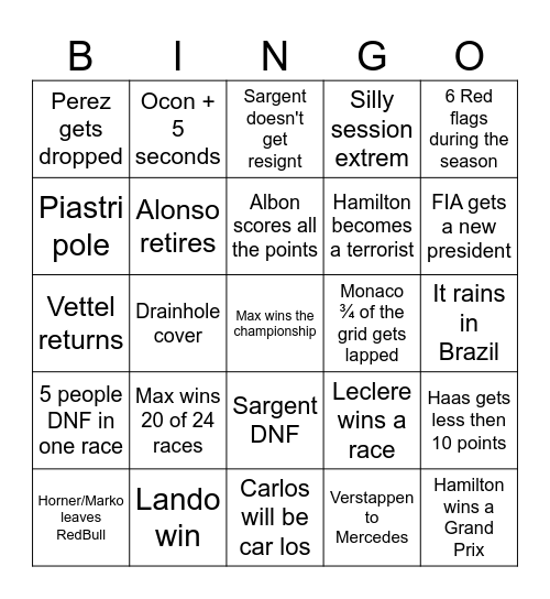 F1 2024 Bingo Card