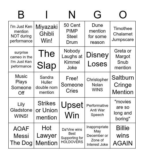 Oscars 2024 Bingo Card