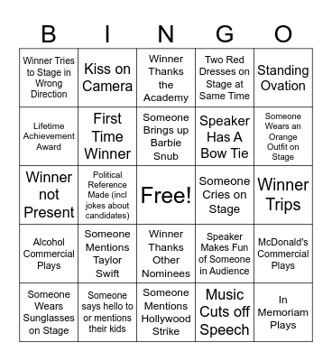2024 Academy Awards Bingo Card