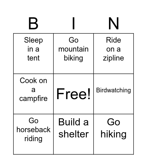 ADVENTURE CAMP ACTIVITIES Bingo Card