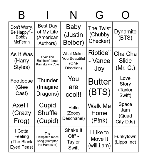 Mitaanjigamiing Kids POP Song Bingo Card