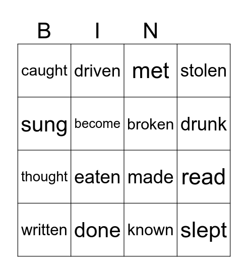 Past Participle Bingo Card