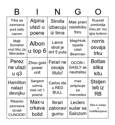 2024 F1 Bingo Card