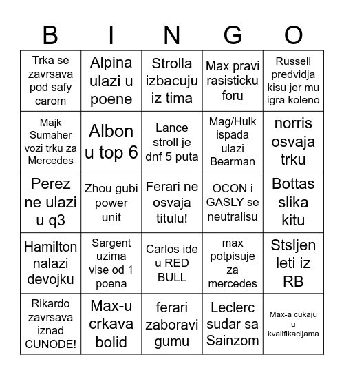 2024 F1 Bingo Card