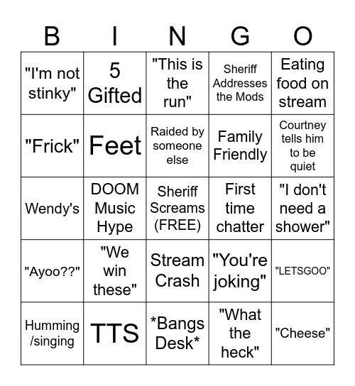 Theshortsheriff Bingo Card