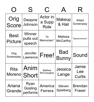 Oscar Bingo 2024 Bingo Card