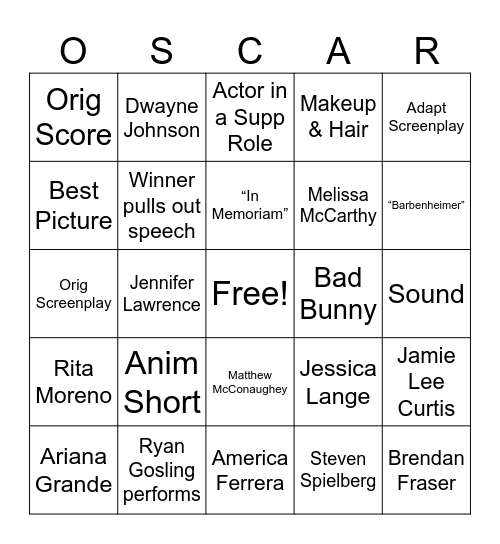 Oscar Bingo 2024 Bingo Card