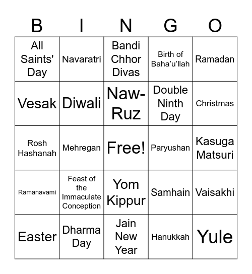 Religious Holidays and Observances Bingo Card