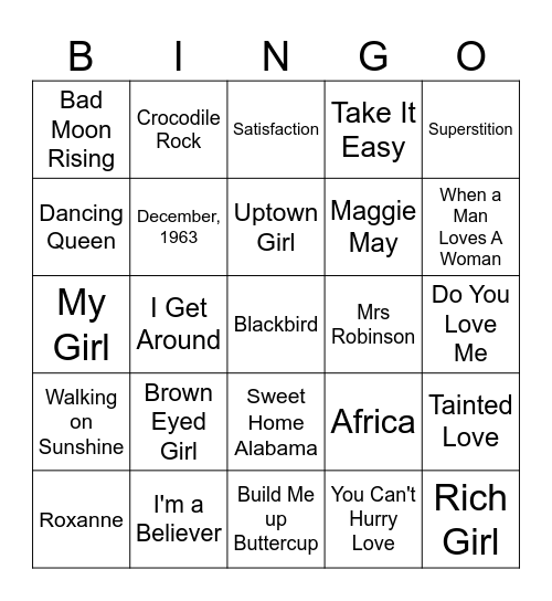 Music Bingo 1 Bingo Card