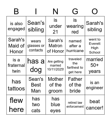 Sarah & Sean's Engagement Party Bingo Card