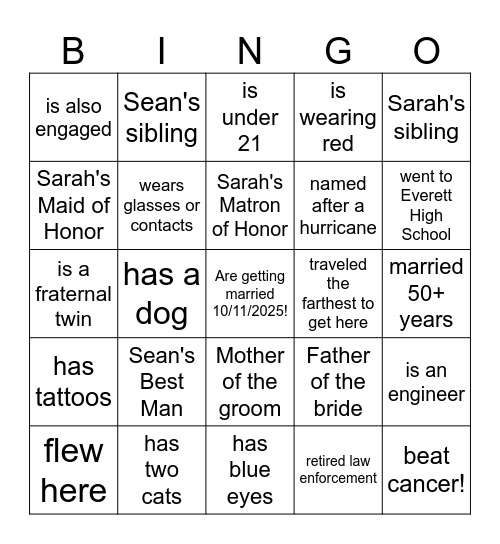 Sarah & Sean's Engagement Party Bingo Card