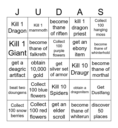 JudasAkuma04's Skyrim BIngo Card Bingo Card