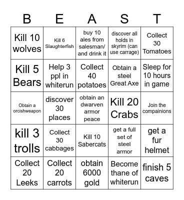 JackBeast's Skyrim Bingo Card Bingo Card