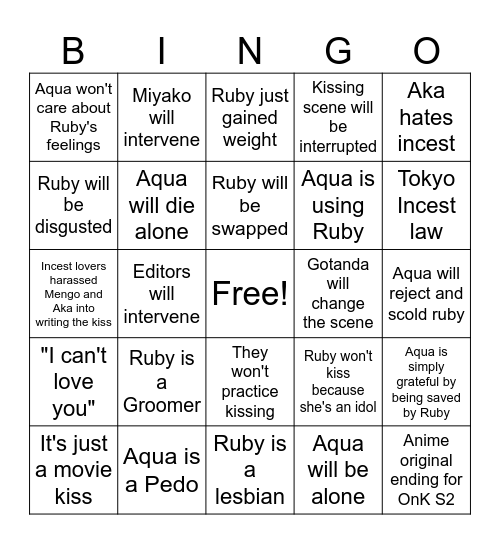 Oshi no Ko - Anti-AquRuby Cope Bingo Card
