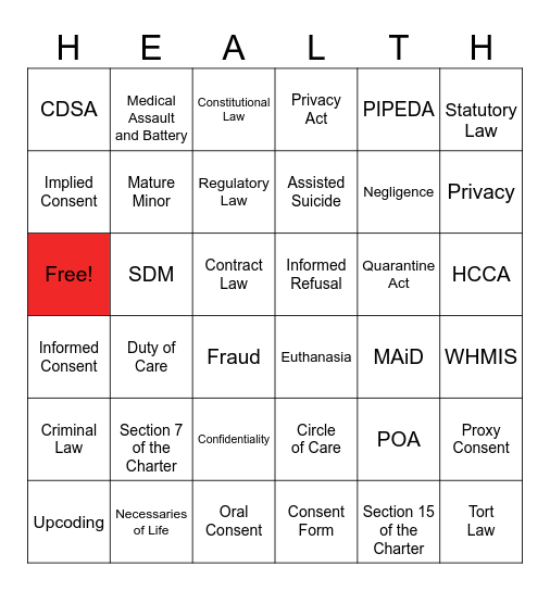 Laws and Health Care Bingo Card