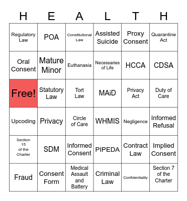 Law and Health Care Bingo Card