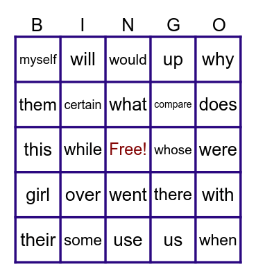 Basic Sight Words Bingo Card