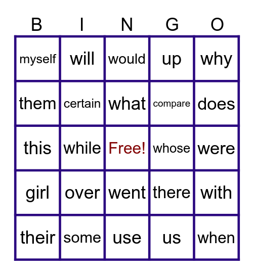 Basic Sight Words Bingo Card