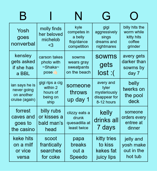 spring break Bingo Card