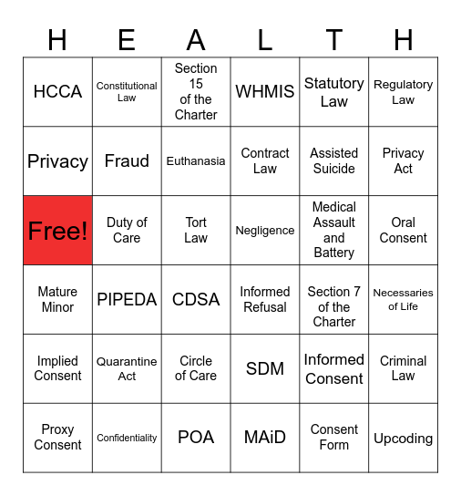 Law and Health Care Bingo Card