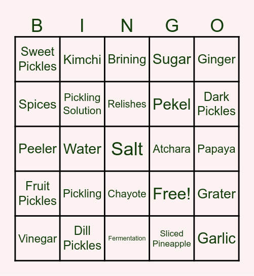 PICKLE MAKING Bingo Card