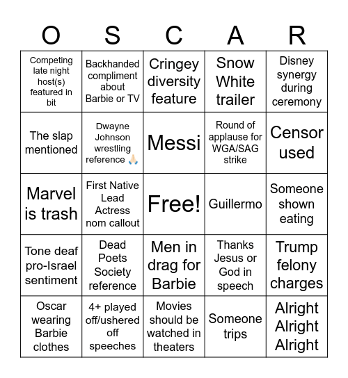 Oscars 2024 Bingo Card