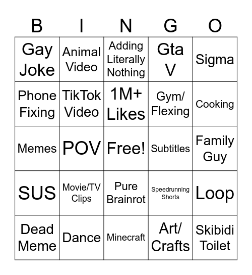 YouTube Shorts Bingo Card