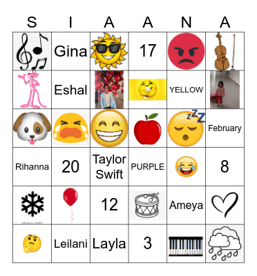 SIAANA'S BIRTHDAY BINGO Card