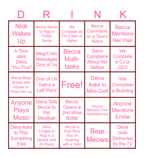 TTR Drinking Game Bingo Card