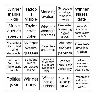 Oscars Bingo 2024 Bingo Card