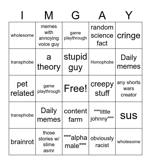 YT Shorts Bingo Card