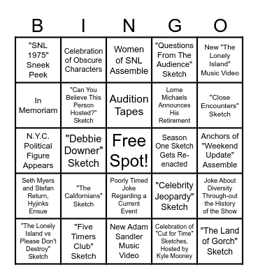 Saturday Night Live 50th Anniversary Predictions Bingo Card