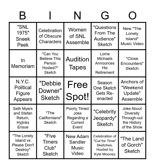 Saturday Night Live 50th Anniversary Predictions Bingo Card