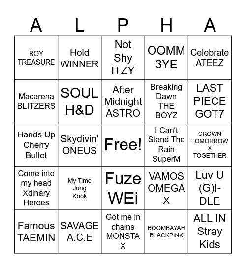 Kpawp Songs Bingo Card