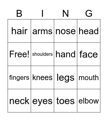 Body parts Bingo Card