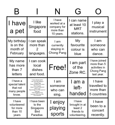 Chong Pang Bingo Card
