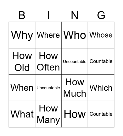 Question Words Bingo Card