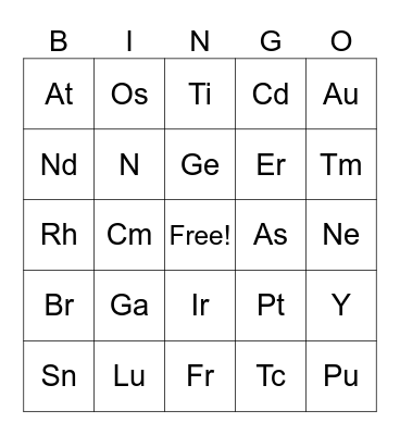 Periodic Table Bingo Card